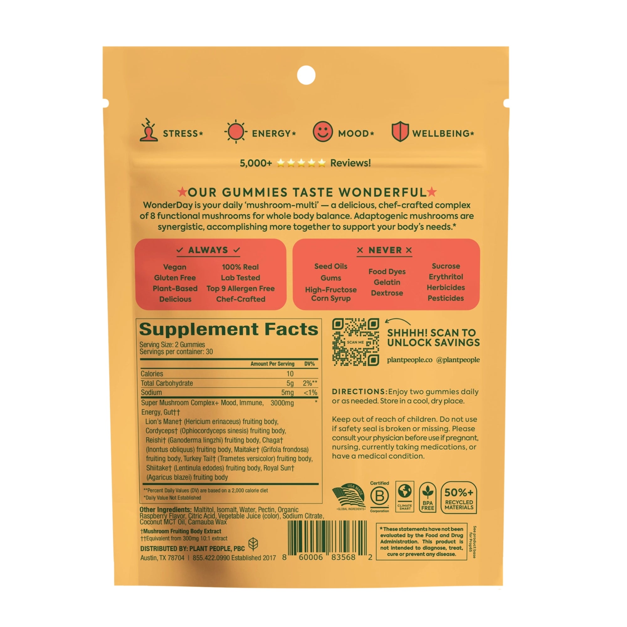 WonderDay Mushroom Gummies Zero Sugar Mushroom Gummies - 60 Gummies